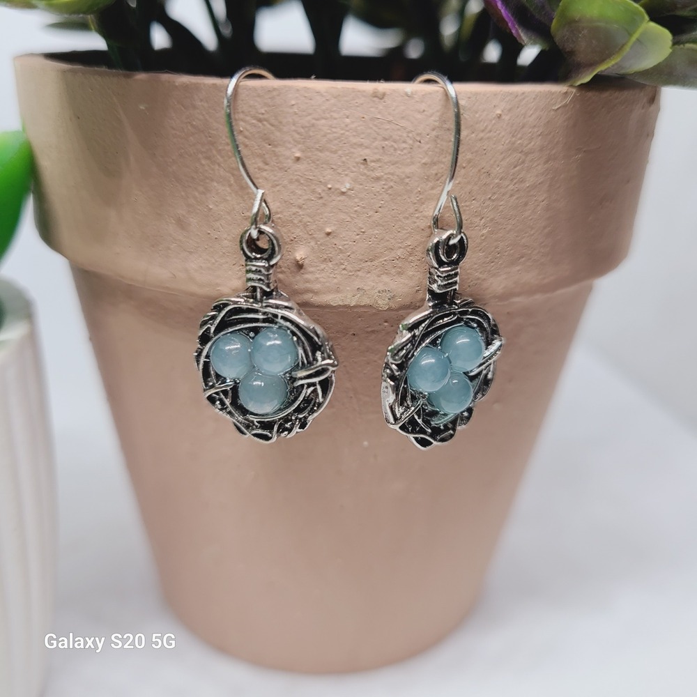 Bird Nest Earrings Blue Eggs Silver‎ Tone Dangle Drop Women's Jewelry NWOT